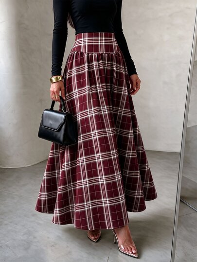 RosyDaze Women's Autumn/Winter Skirt Outfit, Holiday Waist-Cinched Plaid Burgundy Back To School Elegant 70s Casual Party Everyday Lounge Outing Commute Skirt