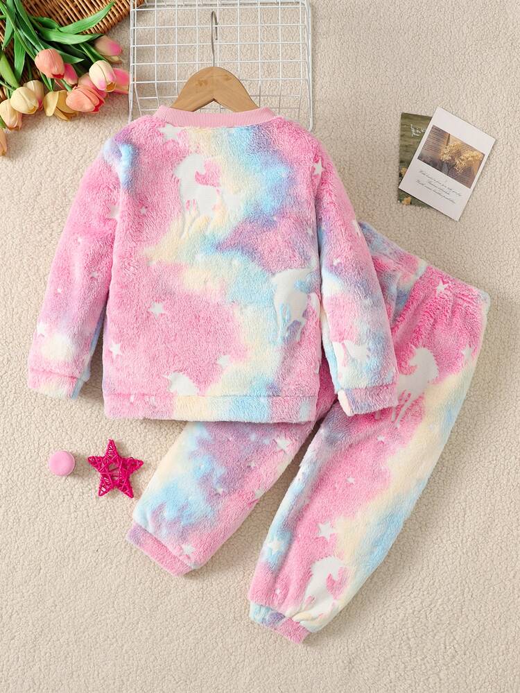 SHEIN Young Girls Autumn/Winter Glow-In-The-Dark Cute Cartoon Pattern Fuzzy Long Sleeve Top And Elastic Waist Long Pants Set, Fuzzy Loungewear Set, Top And Pants Set, Suitable For Autumn/Winter 2 Pieces Set For Young Girl - Pink - View 5