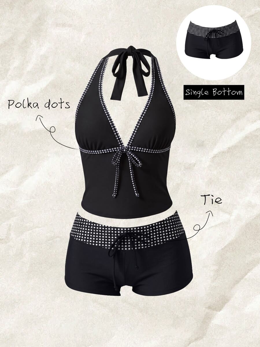 SHEIN Swim 女款春夏高腰蝴蝶結比基尼泳褲,黑白波點休閒運動海灘裝,度假適用 - 彩色 - 查看 1