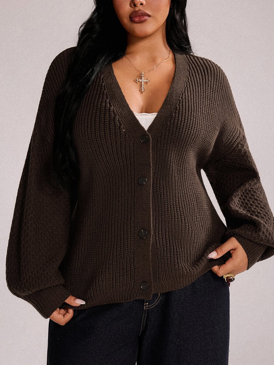 Rustia Plus Size Women's Long Sleeve Slouchy V-Neck Cardigan Sweater, Suitable For Autumn/Winter Versatile Wear - Coffee Brown - View 1