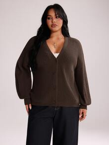 Rustia Plus Size Women's Long Sleeve Slouchy V-Neck Cardigan Sweater, Suitable For Autumn/Winter Versatile Wear - Coffee Brown - View 6