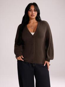 Rustia Plus Size Women's Long Sleeve Slouchy V-Neck Cardigan Sweater, Suitable For Autumn/Winter Versatile Wear - Coffee Brown - View 5