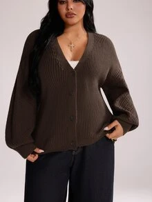 Rustia Plus Size Women's Long Sleeve Slouchy V-Neck Cardigan Sweater, Suitable For Autumn/Winter Versatile Wear - Coffee Brown - View 4