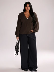 Rustia Plus Size Women's Long Sleeve Slouchy V-Neck Cardigan Sweater, Suitable For Autumn/Winter Versatile Wear - Coffee Brown - View 7
