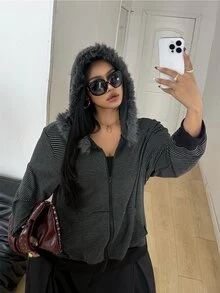 POPSWAY Plus Size Women's Striped Plush Patchwork Casual Versatile Long Sleeve Sweatshirt Fall - Black - View 4