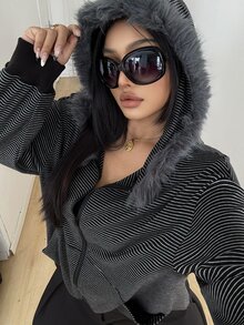 POPSWAY Plus Size Women's Striped Plush Patchwork Casual Versatile Long Sleeve Sweatshirt Fall - Black - View 7