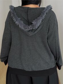 POPSWAY Plus Size Women's Striped Plush Patchwork Casual Versatile Long Sleeve Sweatshirt Fall - Black - View 2
