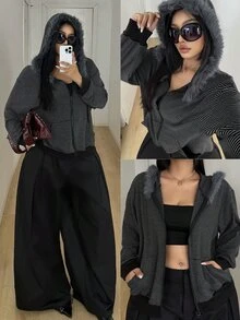 POPSWAY Plus Size Women's Striped Plush Patchwork Casual Versatile Long Sleeve Sweatshirt Fall - Black - View 1
