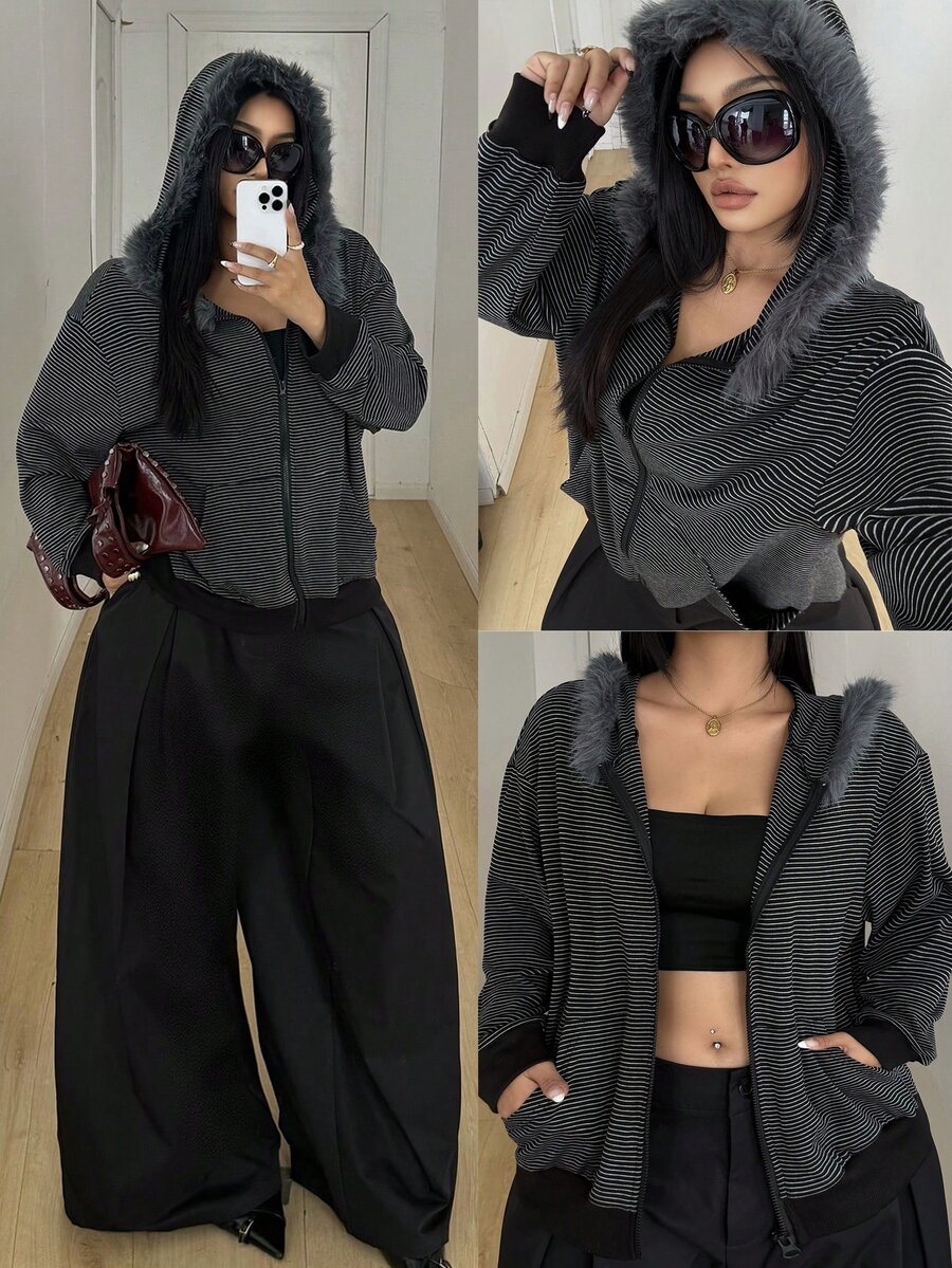 POPSWAY Plus Size Women's Striped Plush Patchwork Casual Versatile Long Sleeve Sweatshirt Fall - Black - View 1