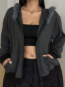 POPSWAY Plus Size Women's Striped Plush Patchwork Casual Versatile Long Sleeve Sweatshirt Fall - Black - View 5