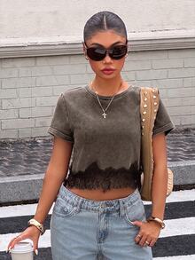 Muchica Brown Knit Women's Contrast Lace Hem Short Sleeve Casual T-Shirt - Brown - View 3