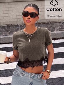 Muchica Brown Knit Women's Contrast Lace Hem Short Sleeve Casual T-Shirt - Brown - View 1