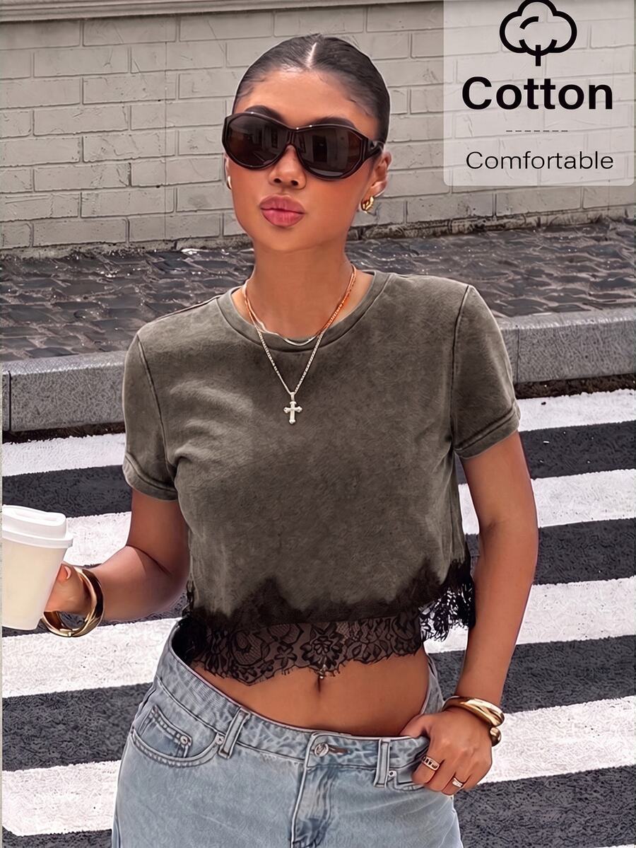 Muchica Brown Knit Women's Contrast Lace Hem Short Sleeve Casual T-Shirt - Brown - View 1