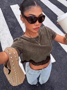 Muchica Brown Knit Women's Contrast Lace Hem Short Sleeve Casual T-Shirt - Brown - View 5