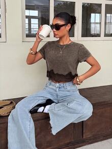 Muchica Brown Knit Women's Contrast Lace Hem Short Sleeve Casual T-Shirt - Brown - View 6