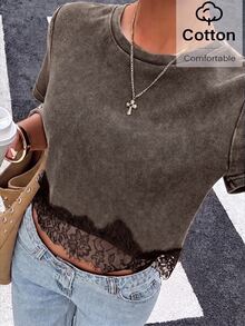 Muchica Brown Knit Women's Contrast Lace Hem Short Sleeve Casual T-Shirt - Brown - View 4