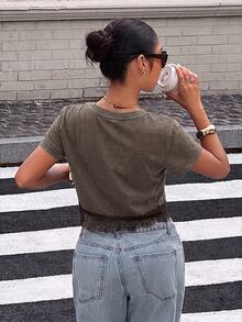 Muchica Brown Knit Women's Contrast Lace Hem Short Sleeve Casual T-Shirt - Brown - View 2