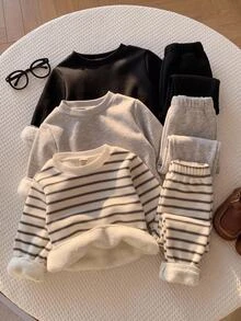 SHEIN Baby Boy Striped Pattern Knitted Soft Crew Neck Long Sleeve Pullover Sweatshirt 3 Pieces Set, Versatile And Comfortable - Multicolor - View 1