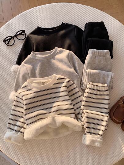 SHEIN Set 3 Potong Baju Bayi Laki-laki Motif Garis-garis Rajut Lembut Lengan Panjang Kerah Bulat, Serbaguna dan Nyaman