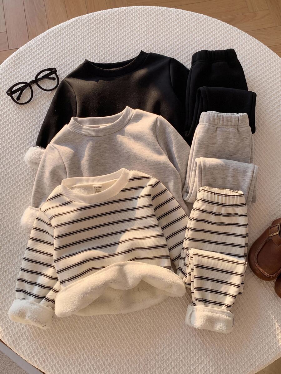 SHEIN Baby Boy Striped Pattern Knitted Soft Crew Neck Long Sleeve Pullover Sweatshirt 3 Pieces Set, Versatile And Comfortable - Multicolor - View 1