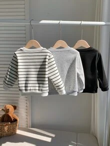 SHEIN Baby Boy Striped Pattern Knitted Soft Crew Neck Long Sleeve Pullover Sweatshirt 3 Pieces Set, Versatile And Comfortable - Multicolor - View 3