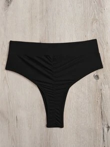 Swim Basics 夏季海滩褶饰高腰比基尼泳裤，度假泳装 - 黑色 - 查看 2
