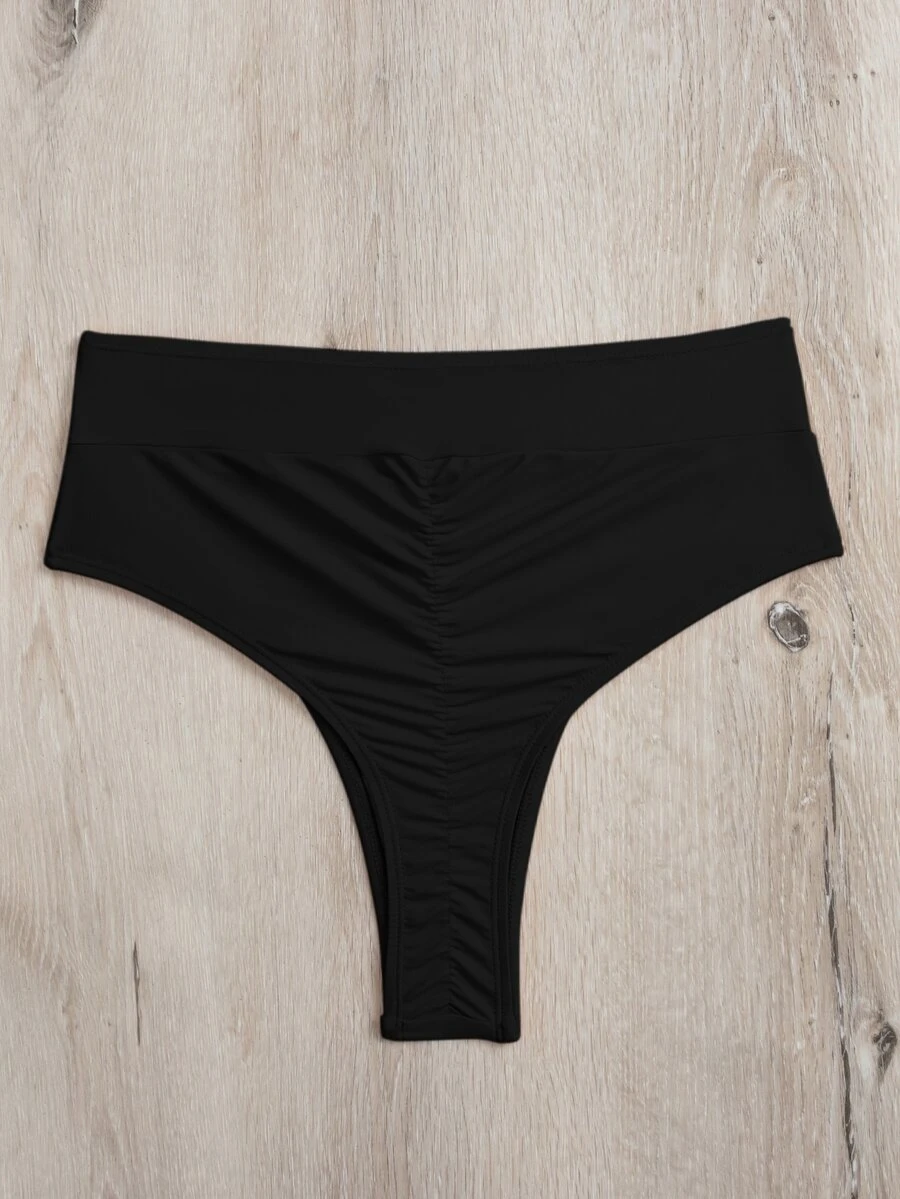 Swim Basics 夏季海滩褶饰高腰比基尼泳裤，度假泳装