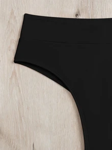 Swim Basics 夏季海滩褶饰高腰比基尼泳裤，度假泳装 - 黑色 - 查看 6