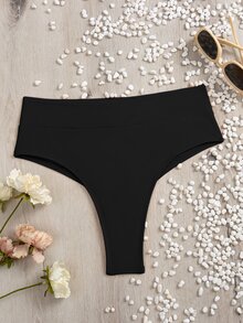 Swim Basics 夏季海滩褶饰高腰比基尼泳裤，度假泳装 - 黑色 - 查看 3