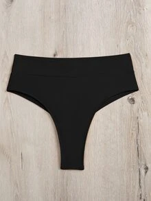 Swim Basics 夏季海滩褶饰高腰比基尼泳裤，度假泳装 - 黑色 - 查看 7