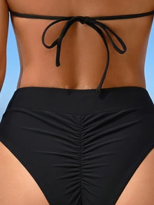 Swim Basics 夏季海滩褶饰高腰比基尼泳裤，度假泳装 - 黑色 - 查看 4