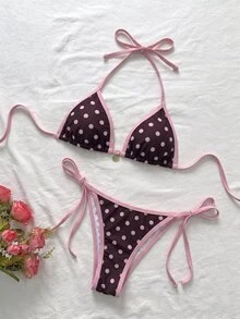 SHEIN Swim 2件組女款優雅棕色與粉色波點比基尼套裝，適合夏季/秋季海灘派對度假 - 彩色 - 查看 3