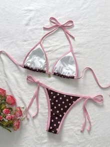 SHEIN Swim 2件組女款優雅棕色與粉色波點比基尼套裝，適合夏季/秋季海灘派對度假 - 彩色 - 查看 2