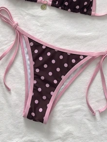 SHEIN Swim 2件組女款優雅棕色與粉色波點比基尼套裝，適合夏季/秋季海灘派對度假 - 彩色 - 查看 6