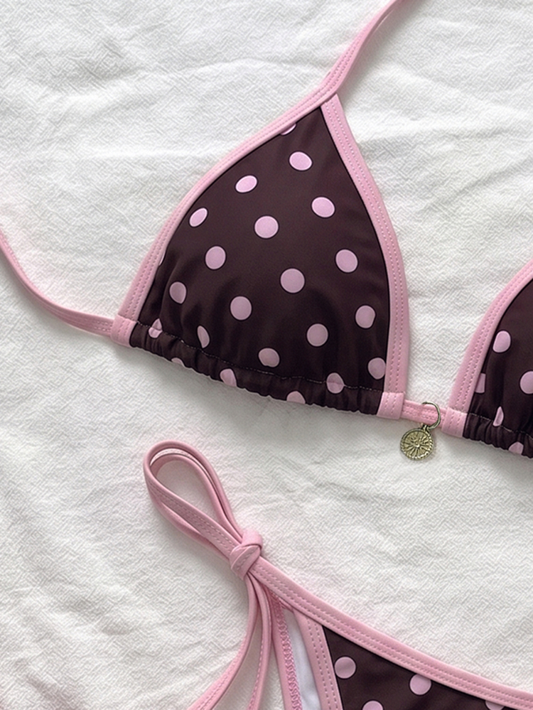 SHEIN Swim 2件組女款優雅棕色與粉色波點比基尼套裝，適合夏季/秋季海灘派對度假 - 彩色 - 查看 5