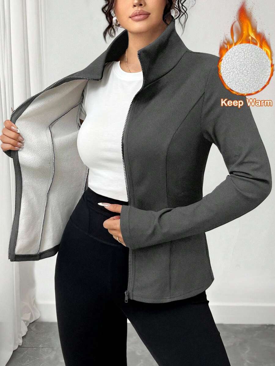 SHEIN Tall CURVE Plus Size Thermal Lined Full Zip Up Jacket Winter - Dark Grey - View 1