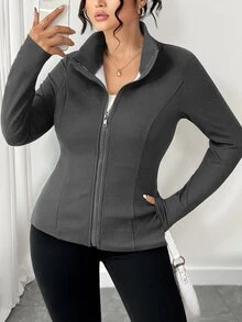 SHEIN Tall CURVE Plus Size Thermal Lined Full Zip Up Jacket Winter - Dark Grey - View 4