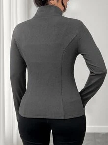 SHEIN Tall CURVE Plus Size Thermal Lined Full Zip Up Jacket Winter - Dark Grey - View 3