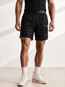 Driftmere Boyfriend Style Men's Bull Print & Letter Webbing Casual Shorts, Black Gym Shorts, Athletic, Lightweight - Black - View 1