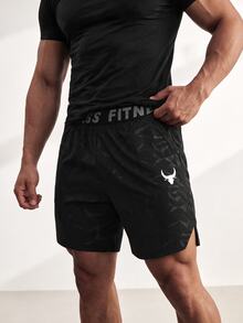 Driftmere Boyfriend Style Men's Bull Print & Letter Webbing Casual Shorts, Black Gym Shorts, Athletic, Lightweight - Black - View 3