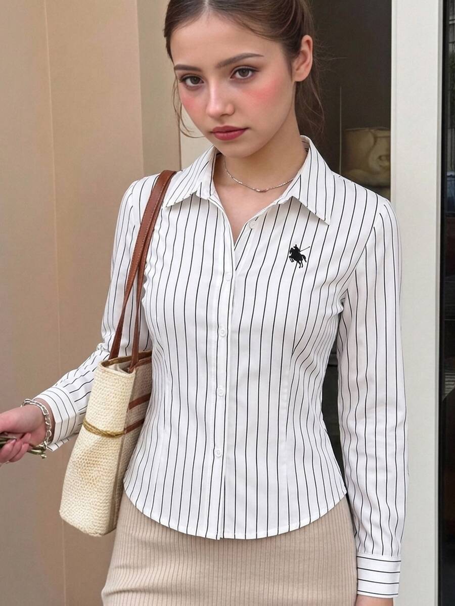 SHEIN 青少年女孩秋季上衣 休閒圖案印花長袖上衣 圓弧下擺 返校季 假日穿搭 秋季 - 白色 - 查看 1