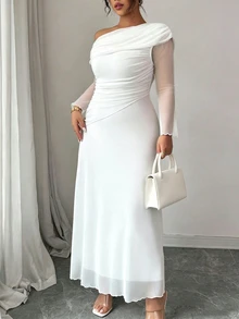 Modelyn Plus Size Women Elegant French Style Ruched Shoulder Mesh Patchwork Flounce Hem Long Sleeve Dress - White - View 6