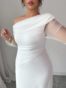 Modelyn Plus Size Women Elegant French Style Ruched Shoulder Mesh Patchwork Flounce Hem Long Sleeve Dress - White - View 5