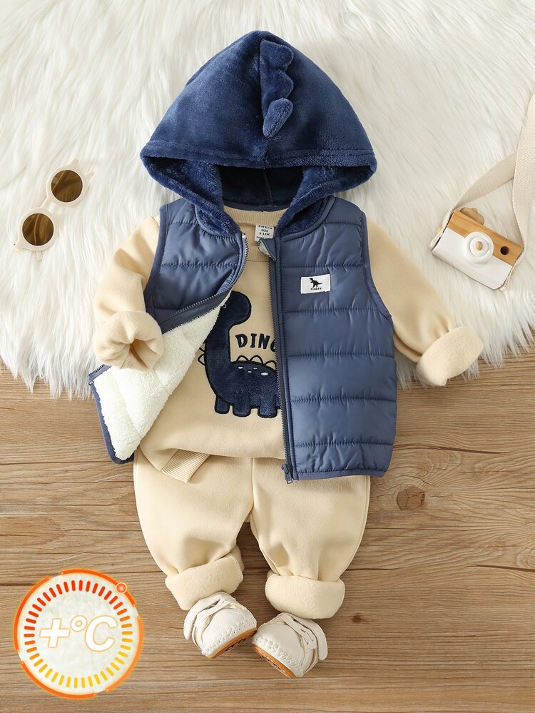 SHEIN 3pcs Baby Boy Autumn/Winter Cute Casual Fleece Vest, Knit Striped Long Sleeve Sweatshirt, Pants Set, Dinosaur Outfit Set - Multicolor - View 6