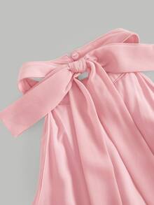 SHEIN 少女純色抓皺時尚掛脖綁帶迷你洋裝 - 粉色 - 查看 3
