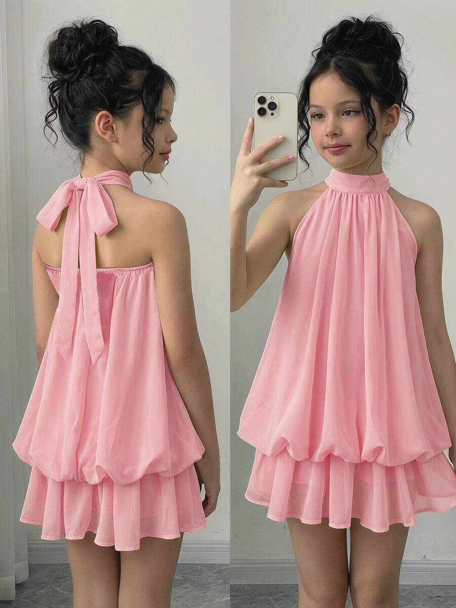 SHEIN 少女純色抓皺時尚掛脖綁帶迷你洋裝 - 粉色 - 查看 1