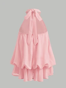 SHEIN 少女純色抓皺時尚掛脖綁帶迷你洋裝 - 粉色 - 查看 2