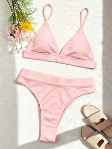 Swim Vcay Women's Summer Beach Solid Color Spaghetti Strap Sexy Bikini And Triangle Bottom Two-Piece Swimwear Set - Baby Pink - View 4