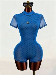 Mistrie 女款夏季性感透視網紗波點短版連身褲，高領露背抓皺背部短連身褲，適合夜店派對度假 - 藍色 - 查看 6