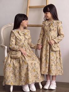 Tween Girl Floral Color Long Sleeve Large Collar Waist-Cinching Bow Dress - Multicolor - View 2